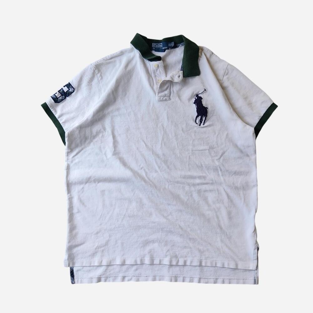 Vintage Polo Ralph Lauren white polo shirt with green collar and sleeve cuffs